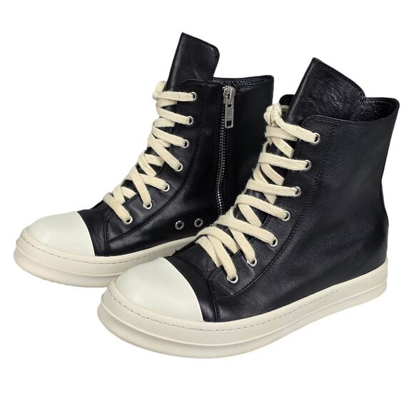 RICK OWENS DRKSHDW RAMONES BLACK LEATHER HIGH‑TOP SNEAKERS – SIZE 42 – SIDE ZIP